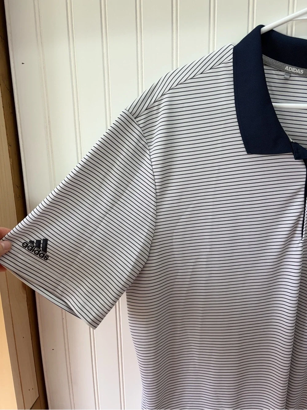 adidas White striped athletic gold tennis Polo with Navy Contrast Collar